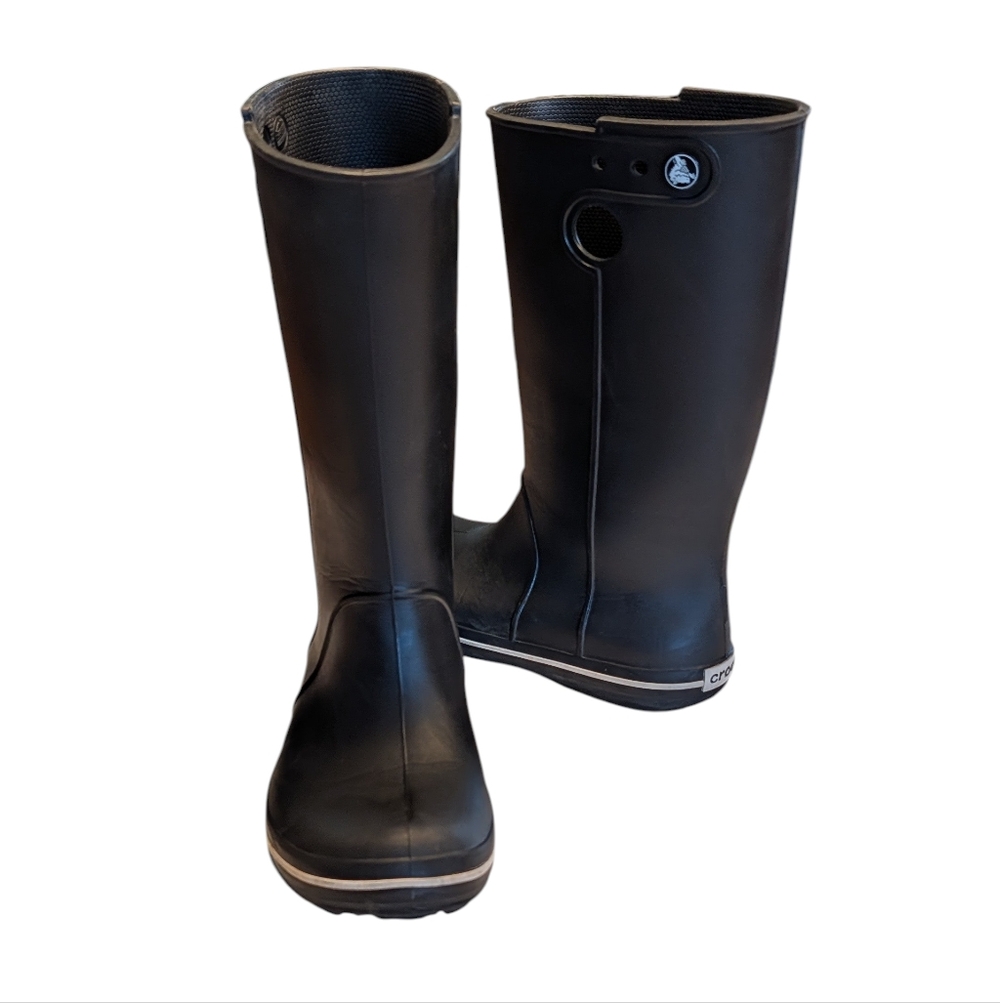 Crocs, Black Rain Boots. Sz 6 ***FLAWED